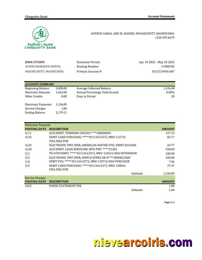 Mauritania Chinguitty Bank statement